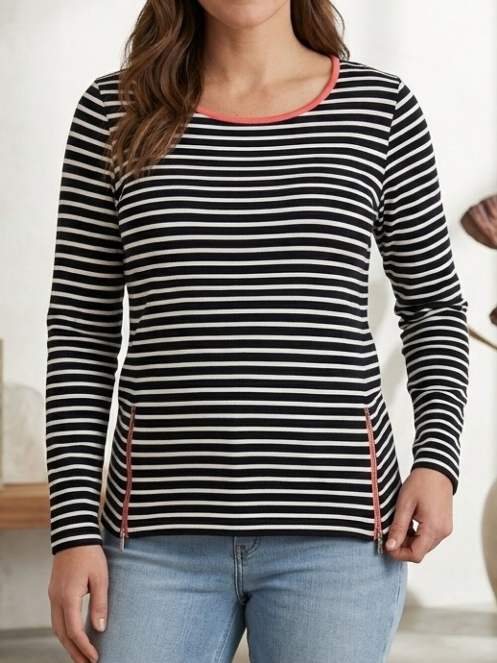 Talbots Black & White Striped Long-Sleeve Top with Coral Trim